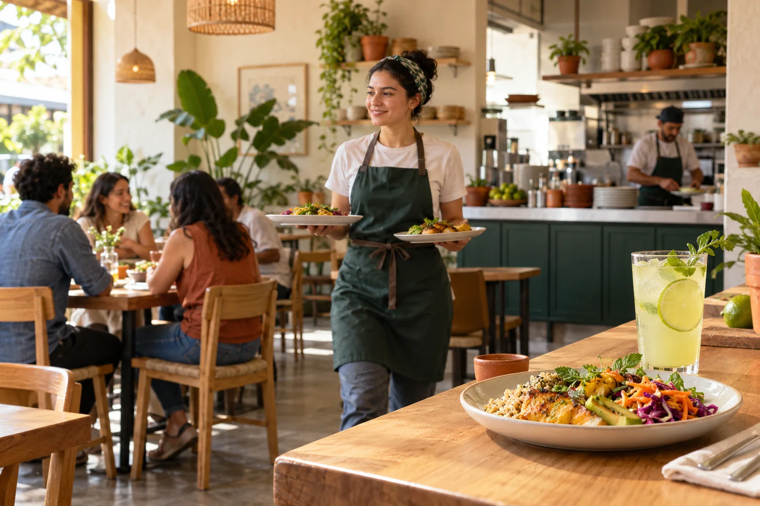 Escena ilustrativa de un restaurante: servicio de platos, cocina y una bebida fresca.